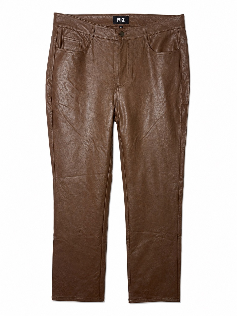 PAIGE Brown Faux Leather Straight Leg Pants Size 32 Vegan High Rise Quiet Luxury